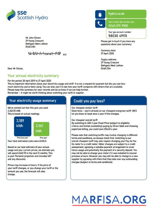 Printable United Kingdom SSE Energy utility bill template in Word and PDF format, version 2